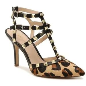 BCBG Leopard print Rockstud pony skin heels
